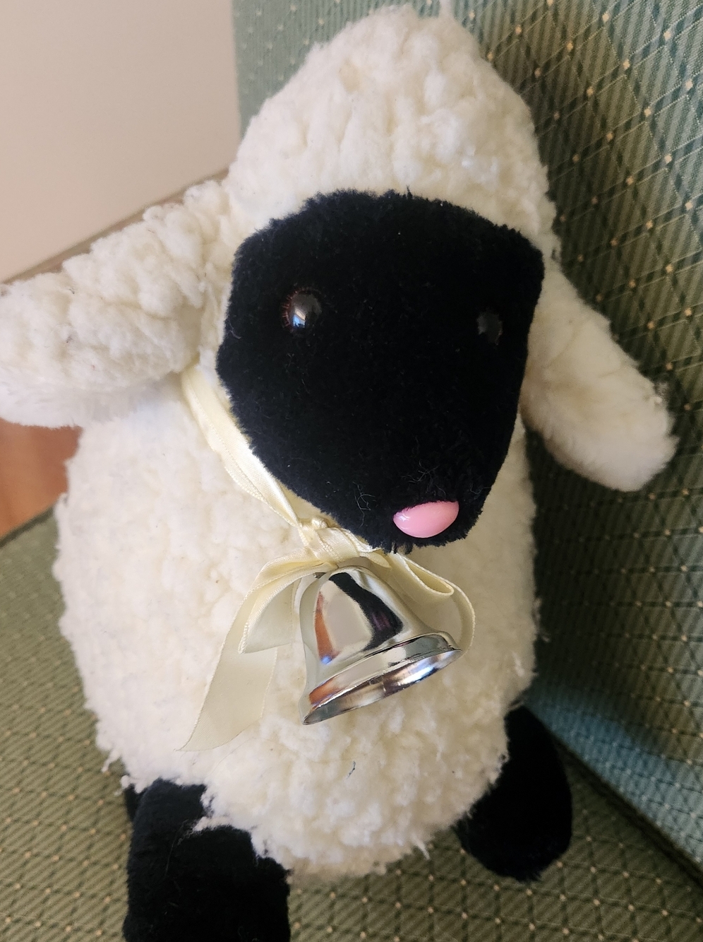 Vintage Plush White Lamb Sheep Accent with Black Face and Silver Bell
